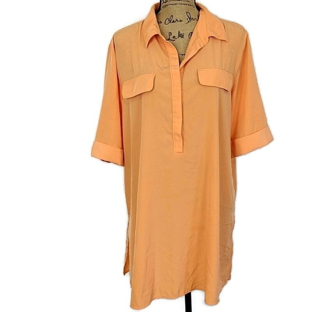 Chicos Womens sz 3 US XL Tunic Top Orange Short Cuffed Sleeve 1/2 Button Collar‎
